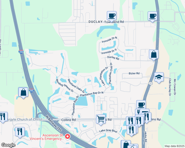 map of restaurants, bars, coffee shops, grocery stores, and more near 7509 Mishkie Drive in Jacksonville