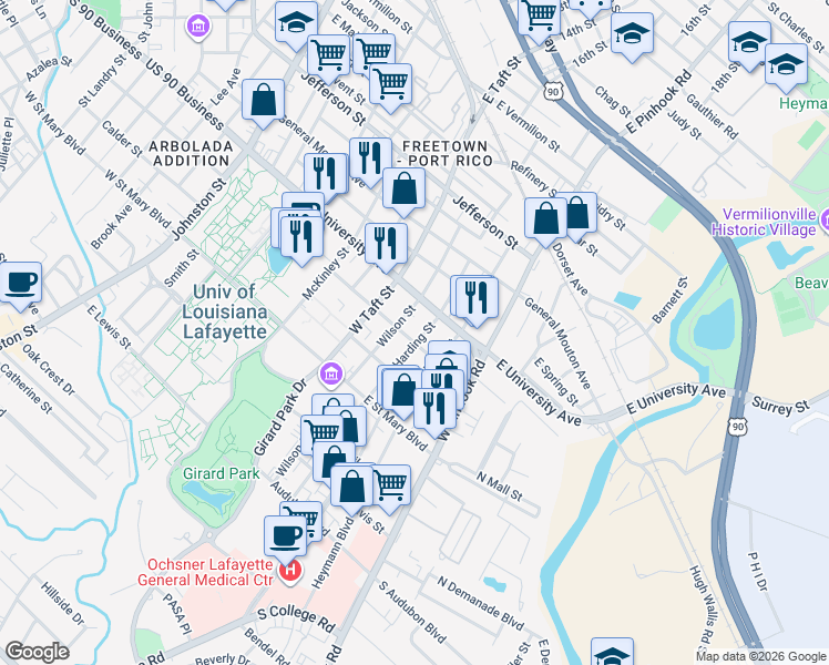 map of restaurants, bars, coffee shops, grocery stores, and more near 529 Wilson Street in Lafayette