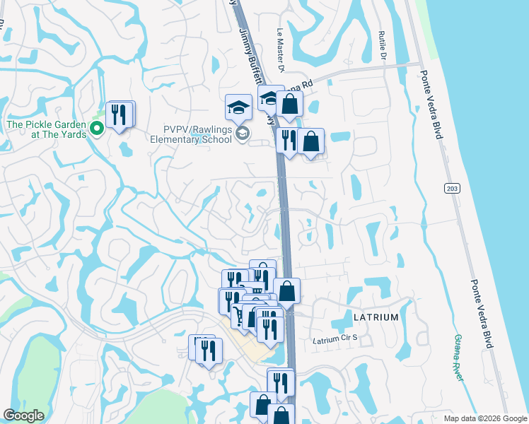 map of restaurants, bars, coffee shops, grocery stores, and more near 5 Arbor Club Dr in Ponte Vedra