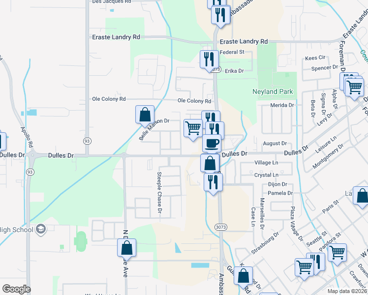 map of restaurants, bars, coffee shops, grocery stores, and more near 203 Bon Mange Circle in Lafayette