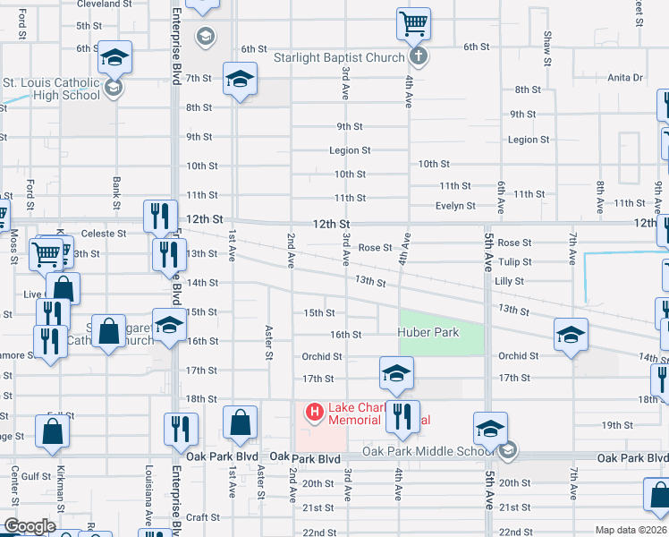 map of restaurants, bars, coffee shops, grocery stores, and more near 1709 13th St in Lake Charles