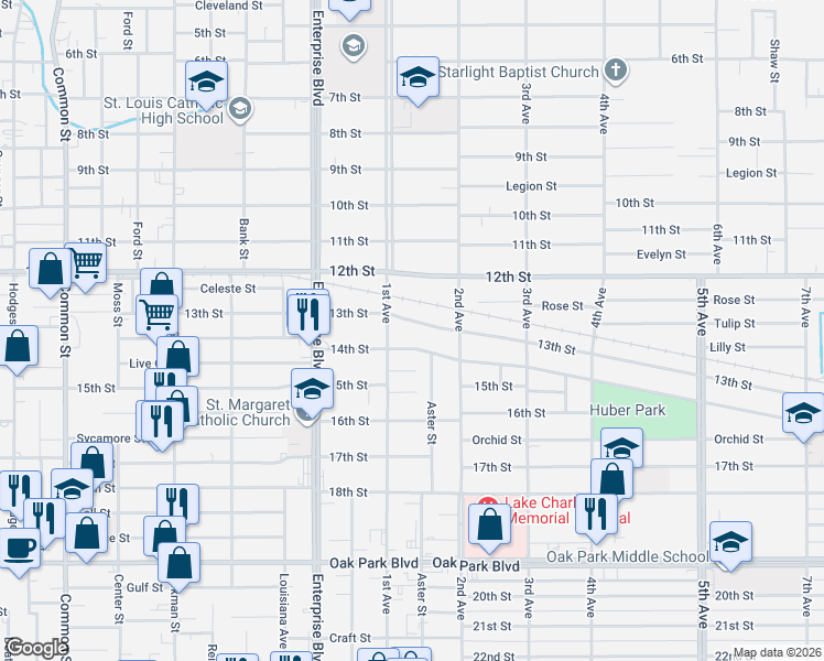 map of restaurants, bars, coffee shops, grocery stores, and more near 1404 13th Street in Lake Charles