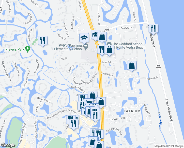 map of restaurants, bars, coffee shops, grocery stores, and more near 1 Arbor Club Drive in Ponte Vedra Beach
