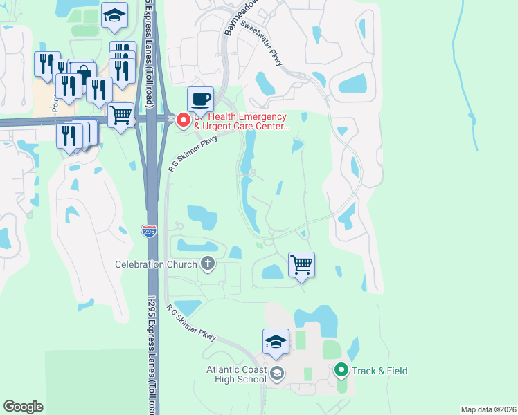 map of restaurants, bars, coffee shops, grocery stores, and more near 11345 Sugar Loaf Court in Jacksonville