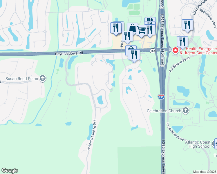 map of restaurants, bars, coffee shops, grocery stores, and more near 10550-4 Baymeadows Ap in Jacksonville