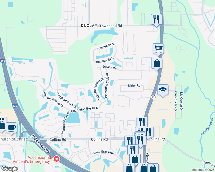 map of restaurants, bars, coffee shops, grocery stores, and more near 7484 Plantation Club Drive in Jacksonville