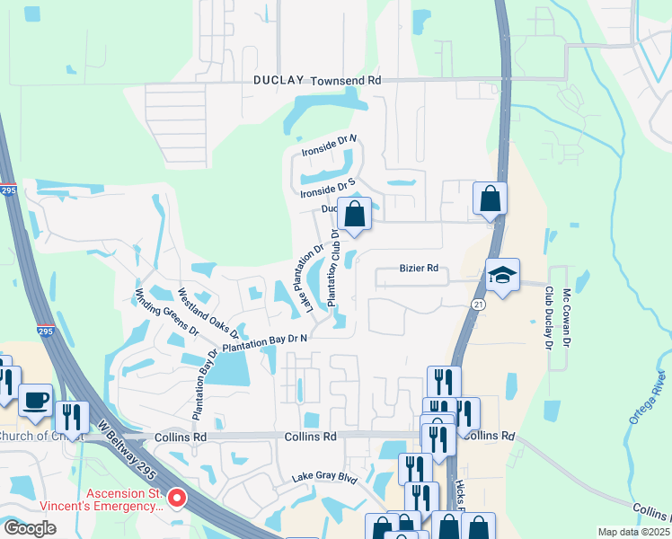 map of restaurants, bars, coffee shops, grocery stores, and more near 7484 Plantation Club Drive in Jacksonville