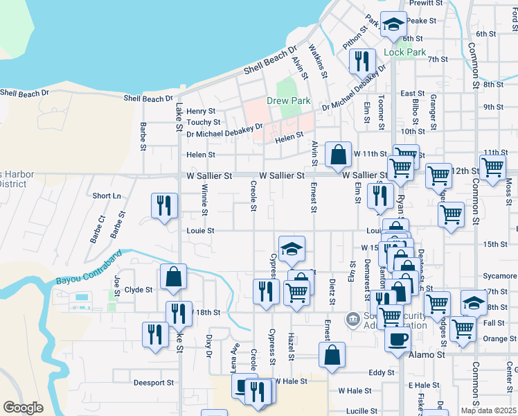map of restaurants, bars, coffee shops, grocery stores, and more near 600-698 Short St in Lake Charles