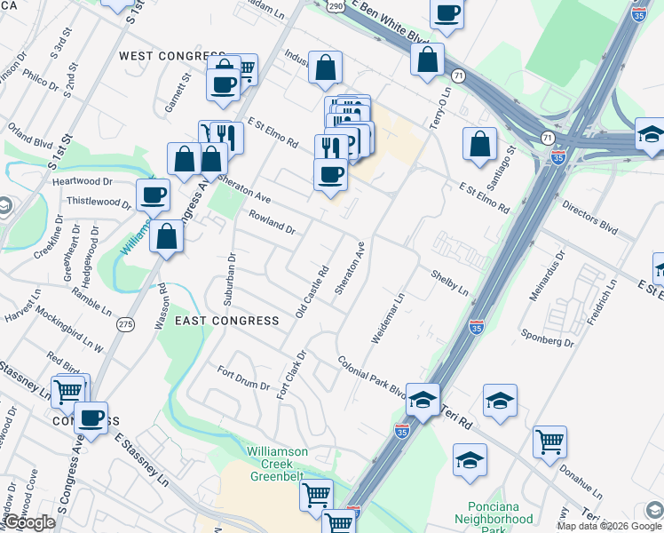map of restaurants, bars, coffee shops, grocery stores, and more near 4701 Old Castle Road in Austin