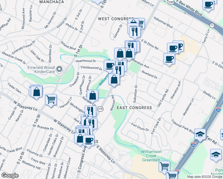 map of restaurants, bars, coffee shops, grocery stores, and more near 4933 South Congress Avenue in Austin