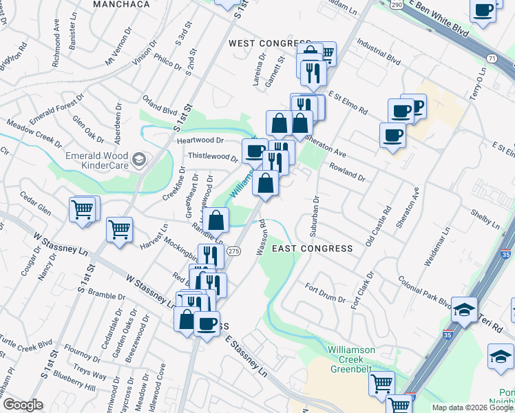 map of restaurants, bars, coffee shops, grocery stores, and more near 4933 South Congress Avenue in Austin