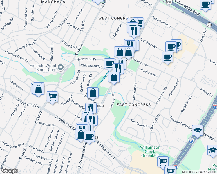 map of restaurants, bars, coffee shops, grocery stores, and more near 4933 South Congress Avenue in Austin