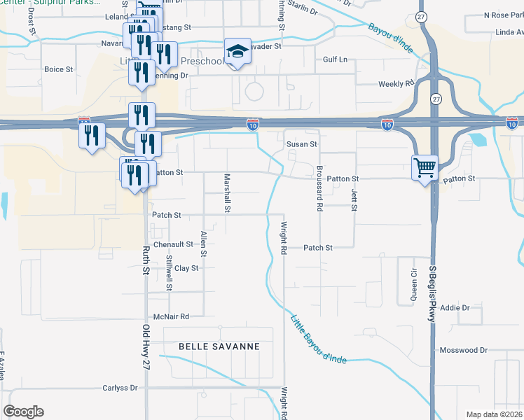 map of restaurants, bars, coffee shops, grocery stores, and more near 900 Patch St in Sulphur