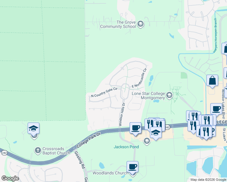 map of restaurants, bars, coffee shops, grocery stores, and more near 23 North Country Gate Circle in Conroe