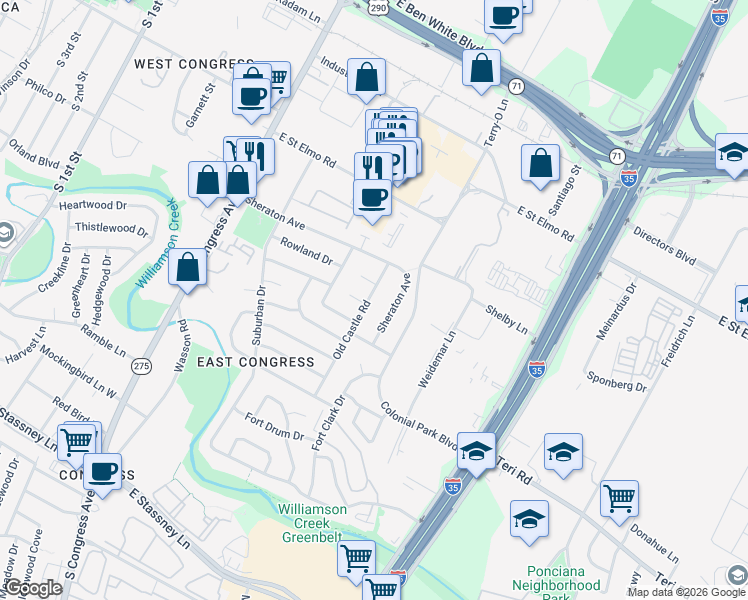map of restaurants, bars, coffee shops, grocery stores, and more near 4701 Old Castle Road in Austin