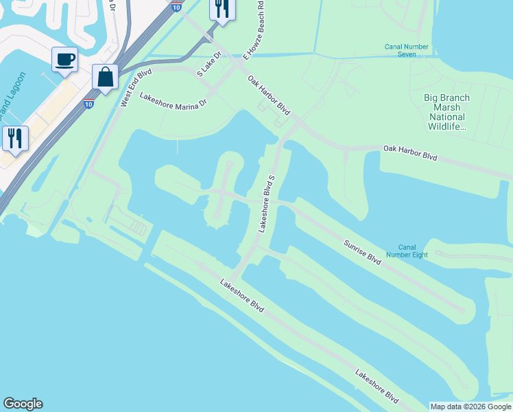 map of restaurants, bars, coffee shops, grocery stores, and more near 2061 Lakeshore Boulevard in Slidell