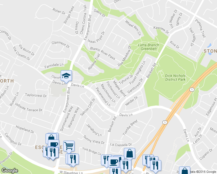 map of restaurants, bars, coffee shops, grocery stores, and more near 5805 Fitchwood Lane in Austin