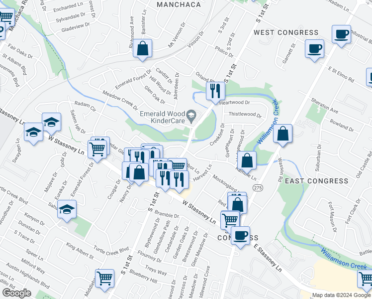 map of restaurants, bars, coffee shops, grocery stores, and more near S 1st St & Ramble Ln in Austin