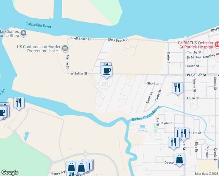 map of restaurants, bars, coffee shops, grocery stores, and more near 1415 William Street in Lake Charles