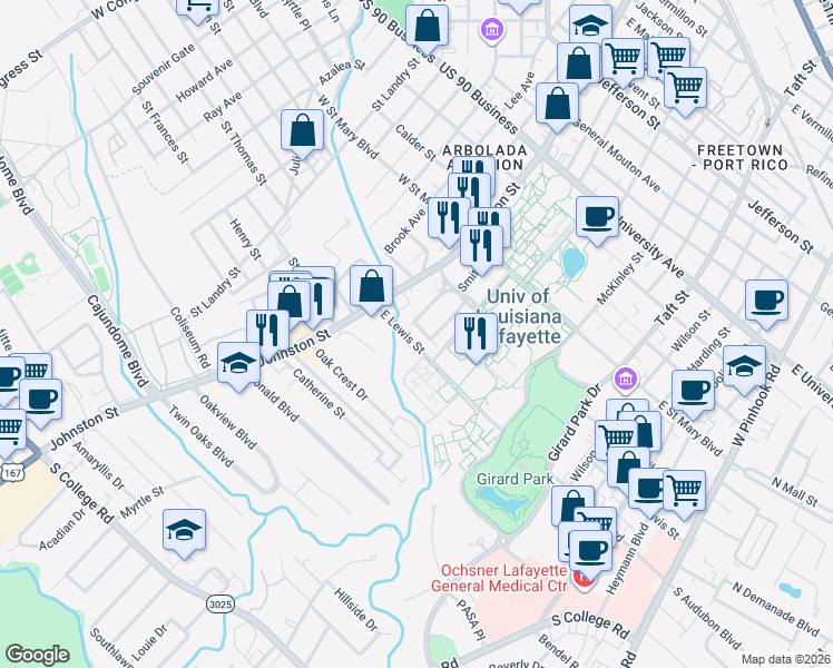 map of restaurants, bars, coffee shops, grocery stores, and more near 105 Seville Boulevard in Lafayette