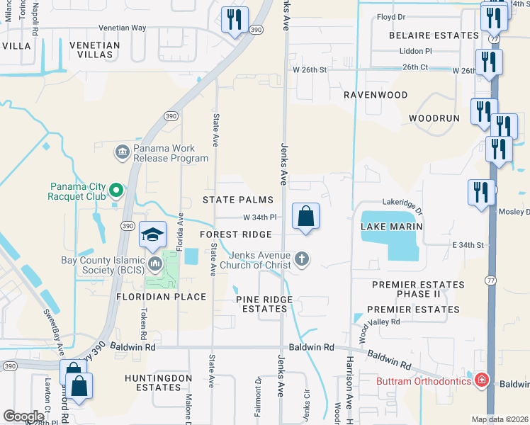 map of restaurants, bars, coffee shops, grocery stores, and more near 220 West 34th Place in Panama City
