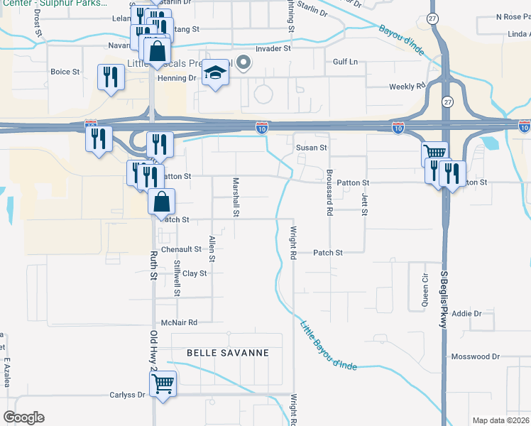 map of restaurants, bars, coffee shops, grocery stores, and more near 900 Patch St in Sulphur
