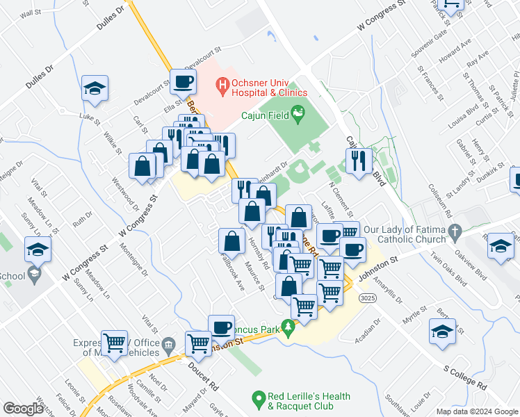 map of restaurants, bars, coffee shops, grocery stores, and more near 401 North College Road in Lafayette