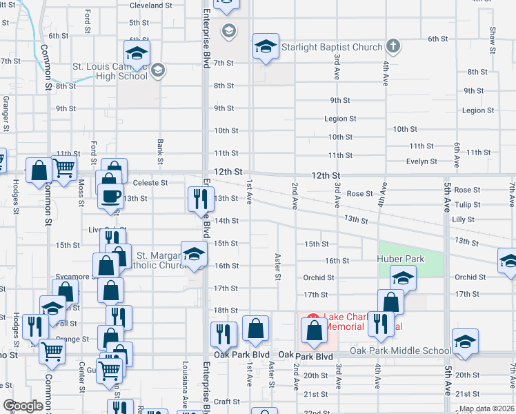 map of restaurants, bars, coffee shops, grocery stores, and more near 1404 13th St in Lake Charles