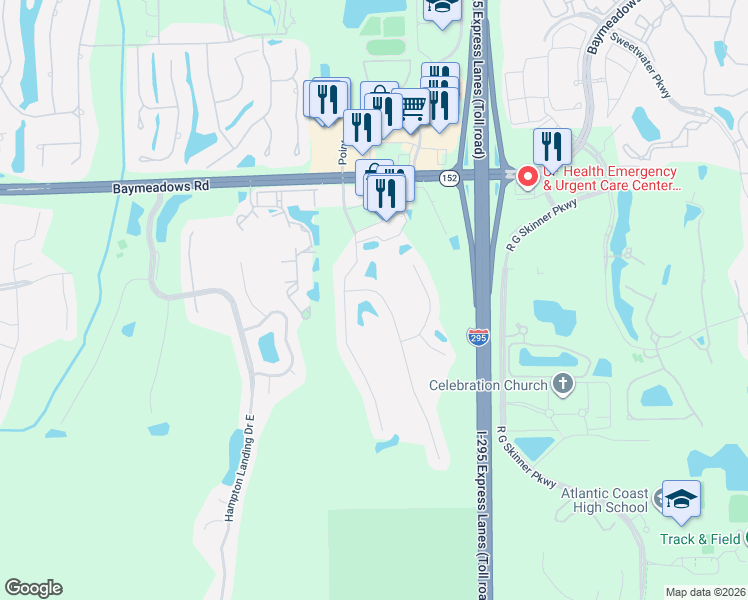 map of restaurants, bars, coffee shops, grocery stores, and more near 8664 Canopy Oaks Drive in Jacksonville