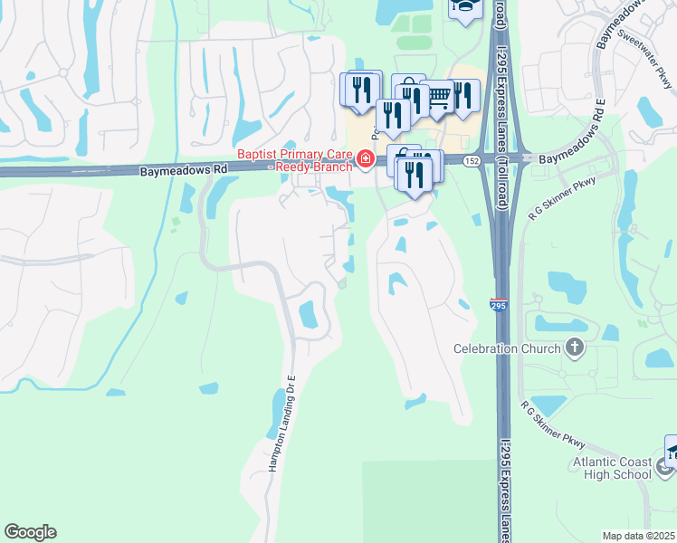 map of restaurants, bars, coffee shops, grocery stores, and more near 10550-4 Baymeadows Ap in Jacksonville