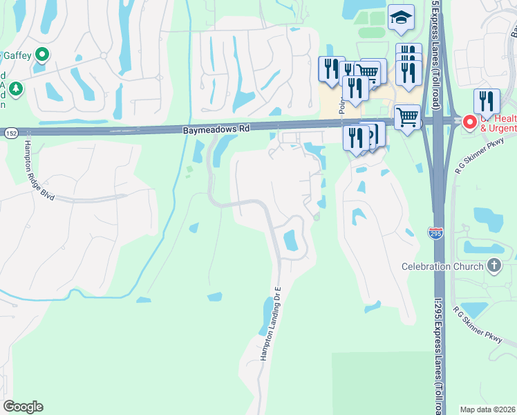 map of restaurants, bars, coffee shops, grocery stores, and more near 10528 Hampton Landing Drive East in Jacksonville