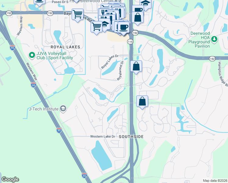 map of restaurants, bars, coffee shops, grocery stores, and more near 8715 Como Lake Drive in Jacksonville