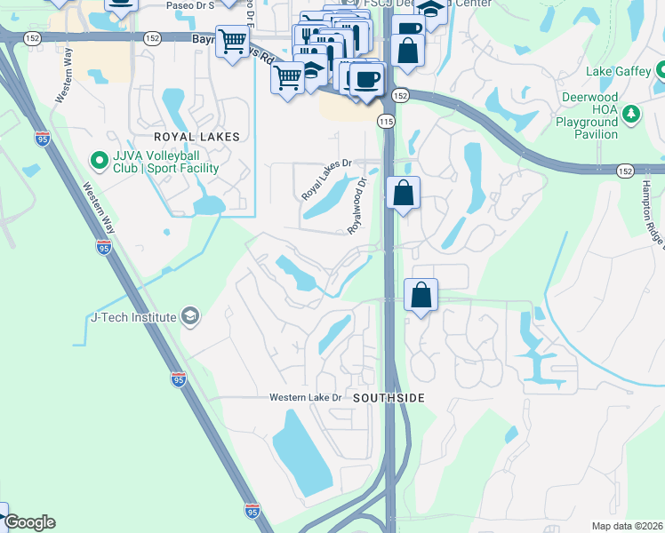 map of restaurants, bars, coffee shops, grocery stores, and more near 8715 Como Lake Drive in Jacksonville