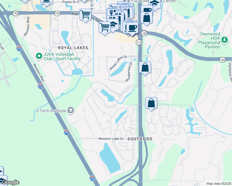 map of restaurants, bars, coffee shops, grocery stores, and more near 8715 Como Lake Drive in Jacksonville