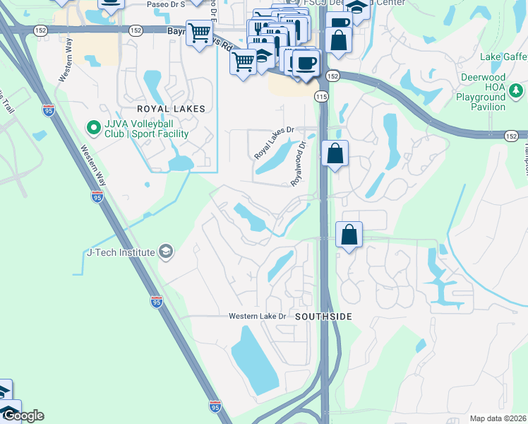 map of restaurants, bars, coffee shops, grocery stores, and more near 8715 Como Lake Drive in Jacksonville