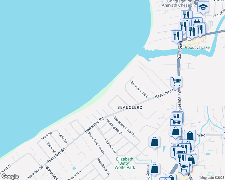 map of restaurants, bars, coffee shops, grocery stores, and more near 3517 Beauclerc Wood Lane West in Jacksonville