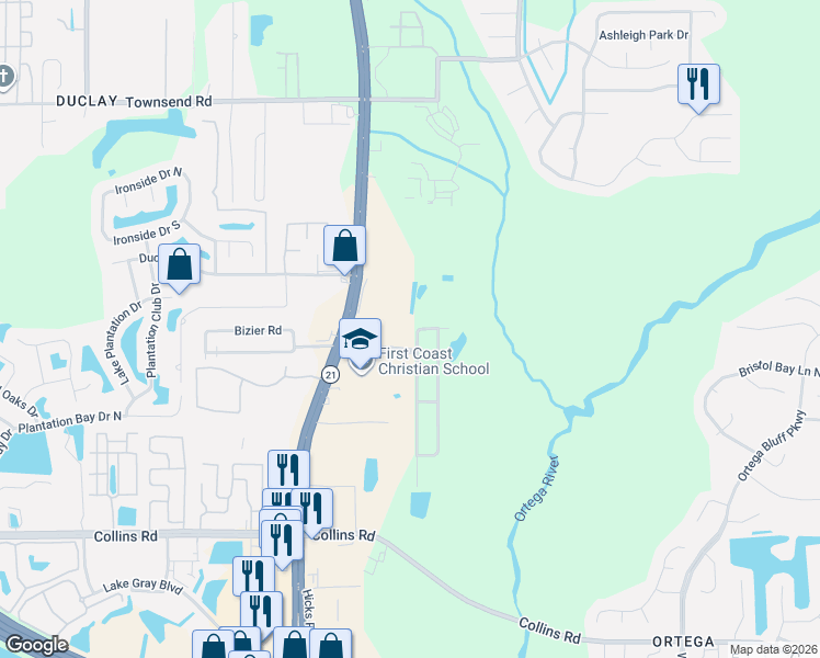 map of restaurants, bars, coffee shops, grocery stores, and more near 5839 Jason Drive in Jacksonville