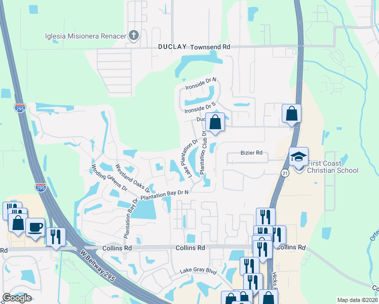 map of restaurants, bars, coffee shops, grocery stores, and more near 6321 Lake Plantation Drive in Jacksonville