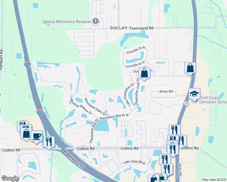 map of restaurants, bars, coffee shops, grocery stores, and more near 7509 Mishkie Drive in Jacksonville