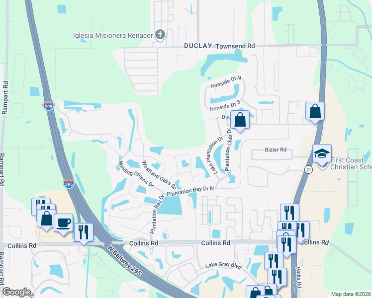 map of restaurants, bars, coffee shops, grocery stores, and more near 7509 Mishkie Drive in Jacksonville