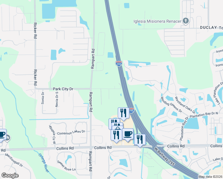 map of restaurants, bars, coffee shops, grocery stores, and more near 7173 Park City Drive in Jacksonville