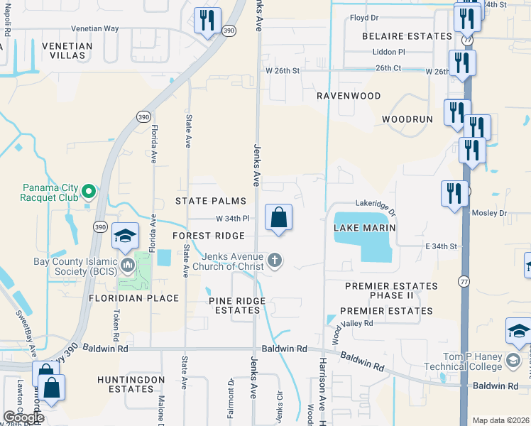 map of restaurants, bars, coffee shops, grocery stores, and more near 3434 Jenks Avenue in Panama City