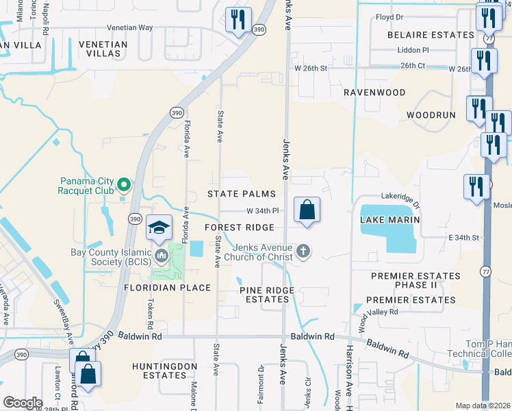 map of restaurants, bars, coffee shops, grocery stores, and more near 220 West 34th Place in Panama City