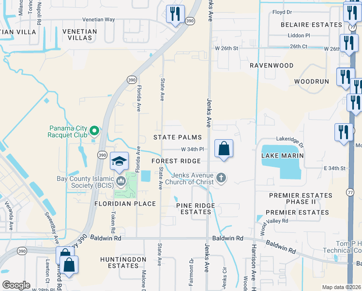 map of restaurants, bars, coffee shops, grocery stores, and more near 311-319 West 35th Court in Panama City