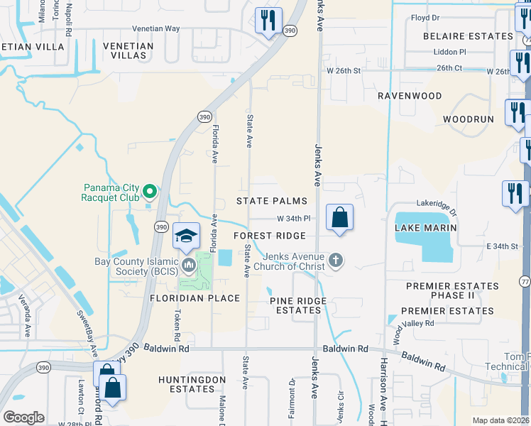 map of restaurants, bars, coffee shops, grocery stores, and more near 311-319 West 35th Court in Panama City