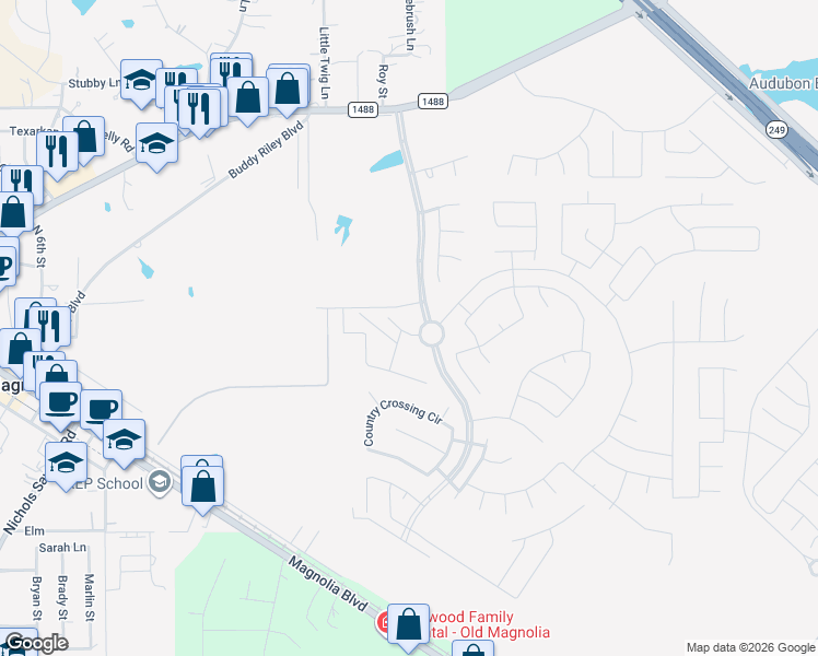 map of restaurants, bars, coffee shops, grocery stores, and more near 119 Rogerdale River Drive in Magnolia