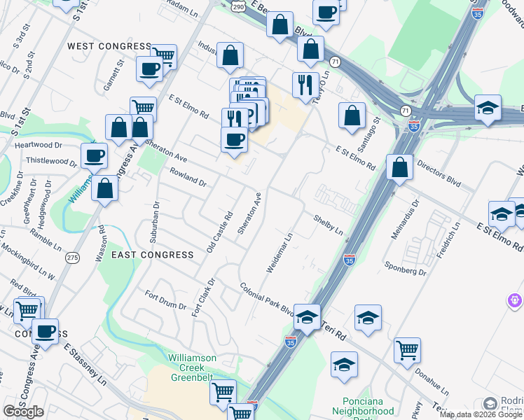 map of restaurants, bars, coffee shops, grocery stores, and more near 410 Colonial Park Boulevard in Austin