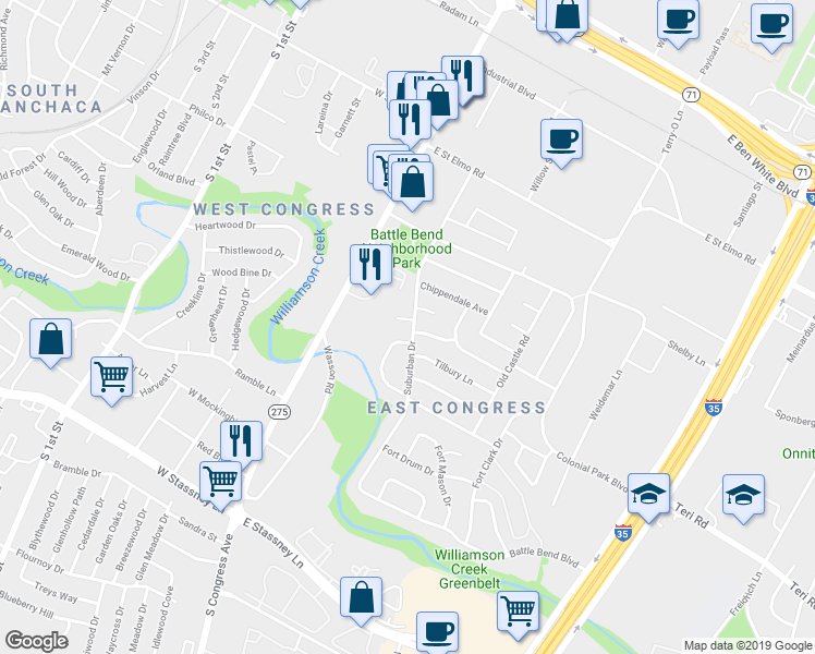 map of restaurants, bars, coffee shops, grocery stores, and more near 201 Liverpool Drive in Austin