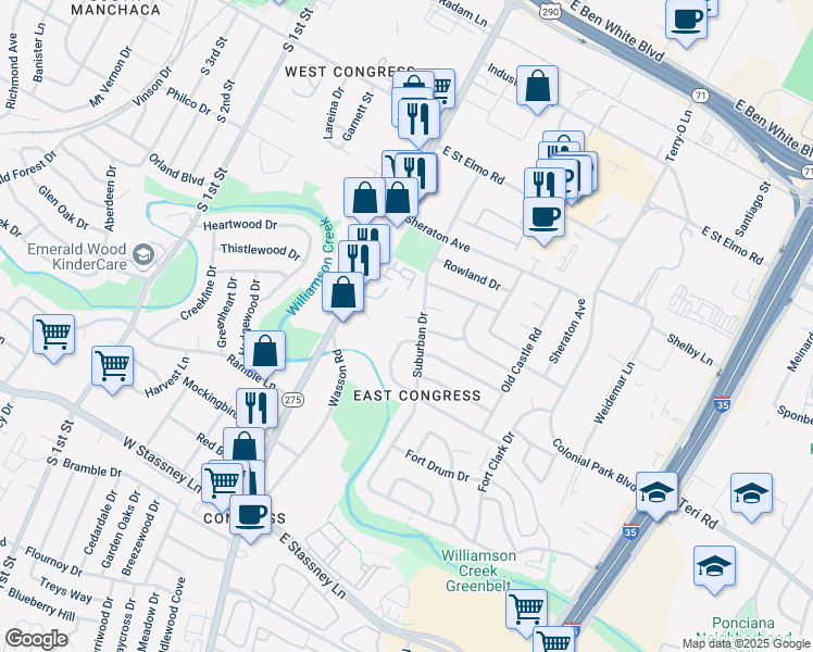 map of restaurants, bars, coffee shops, grocery stores, and more near 201 Liverpool Drive in Austin