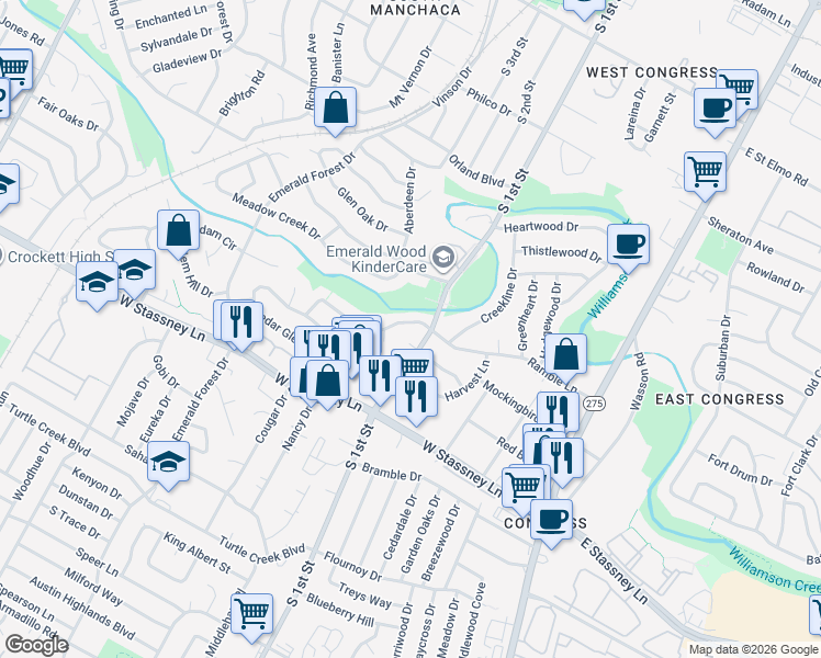 map of restaurants, bars, coffee shops, grocery stores, and more near 704a Ramble Lane in Austin